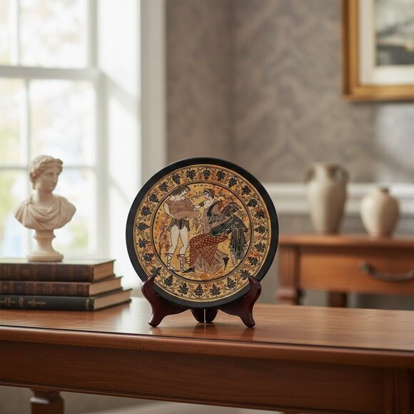 Greek Ceramic Decorative Plate Mythological Design Black Border Handmade Piece - Picture 2 of 5